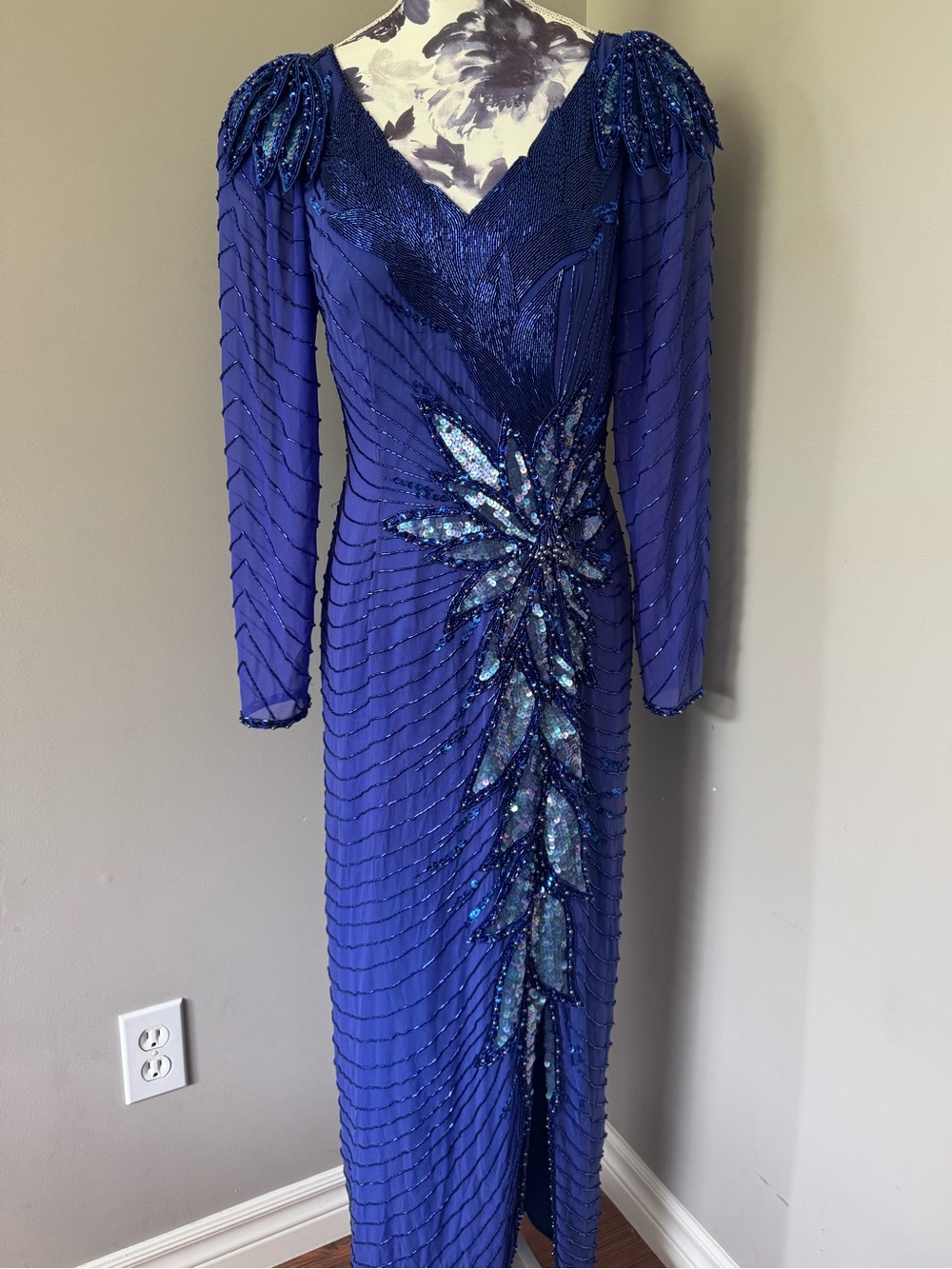 Vintage Blacktie By Oleg Cassini Deep Blue Beaded Long Sleeve Evening Gown